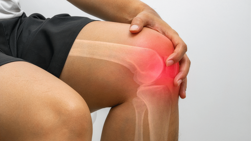 sitting individual applying pressure to reddened knee cap injury